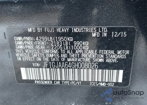 2016 Subaru Impreza 2.0I z USA, uszkodzony, nr VIN JF1GJAA64GH008026